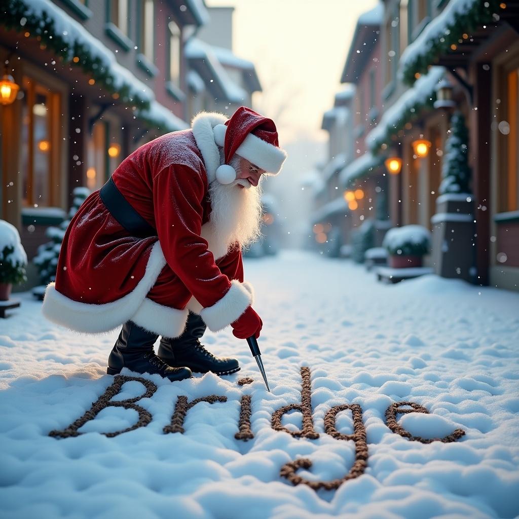 Santa Claus writes in snow. Traditional red and white outfit. Snowy street with quaint buildings. Soft winter light creates warmth. Festive and cheerful mood.