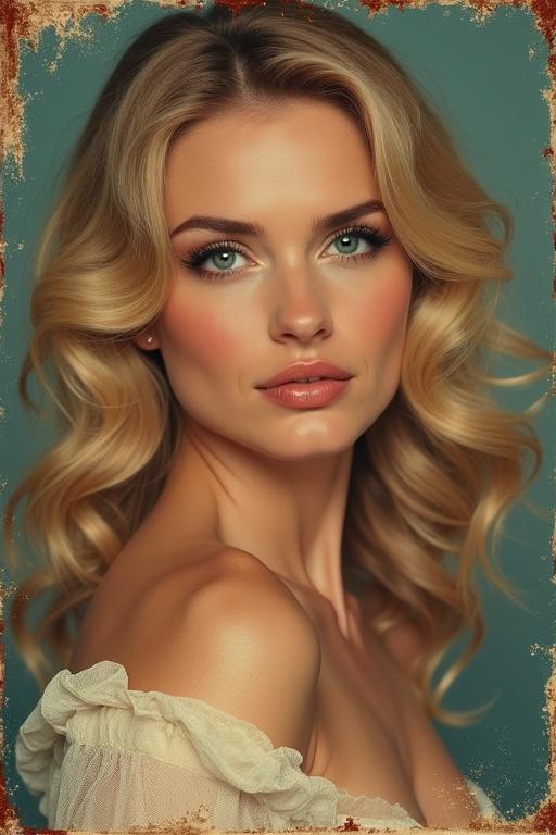 Woman with blue eyes and dark blonde hair has soft curls. Gaze is confident with a smirk. Stylish design inspired by 1950s vintage metal sign. Warm tones and aged texture enhance the nostalgic feel. Pose is playful yet self-assured.