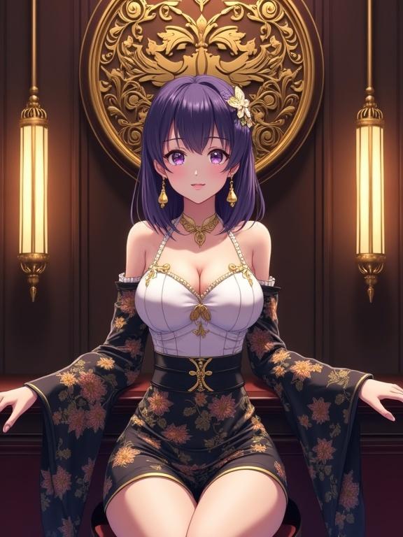 A highly detailed anime-style illustration. Fair-skinned lady seated gracefully. Semi-long dark violet hair with a gold kanzashi. Large expressive eyes with light purple irises. Dressed in a striking white top and black skirt with gold floral patterns. Long sleeves and shiny gold earrings. Calm expression looking towards the viewer. Luxurious bar background with ornate golden emblem. Vertical light fixtures create warm ambiance.