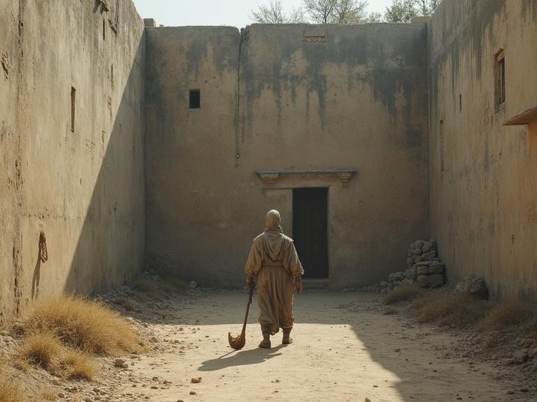 A solitary figure stands alone in a barren space. Rough walls surround him. He holds a spoon-like object. Tension builds as alien beings observe him from the shadows. The environment appears desolate. Light casts long shadows on the ground.