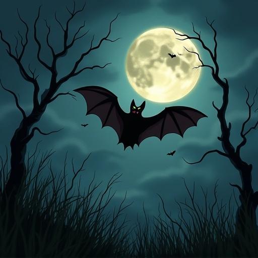 A scene depicting bats flying in front of a full moon. Dark trees surround the area. Grass appears in the foreground. Eerie atmosphere. Bats move naturally in the scene.
