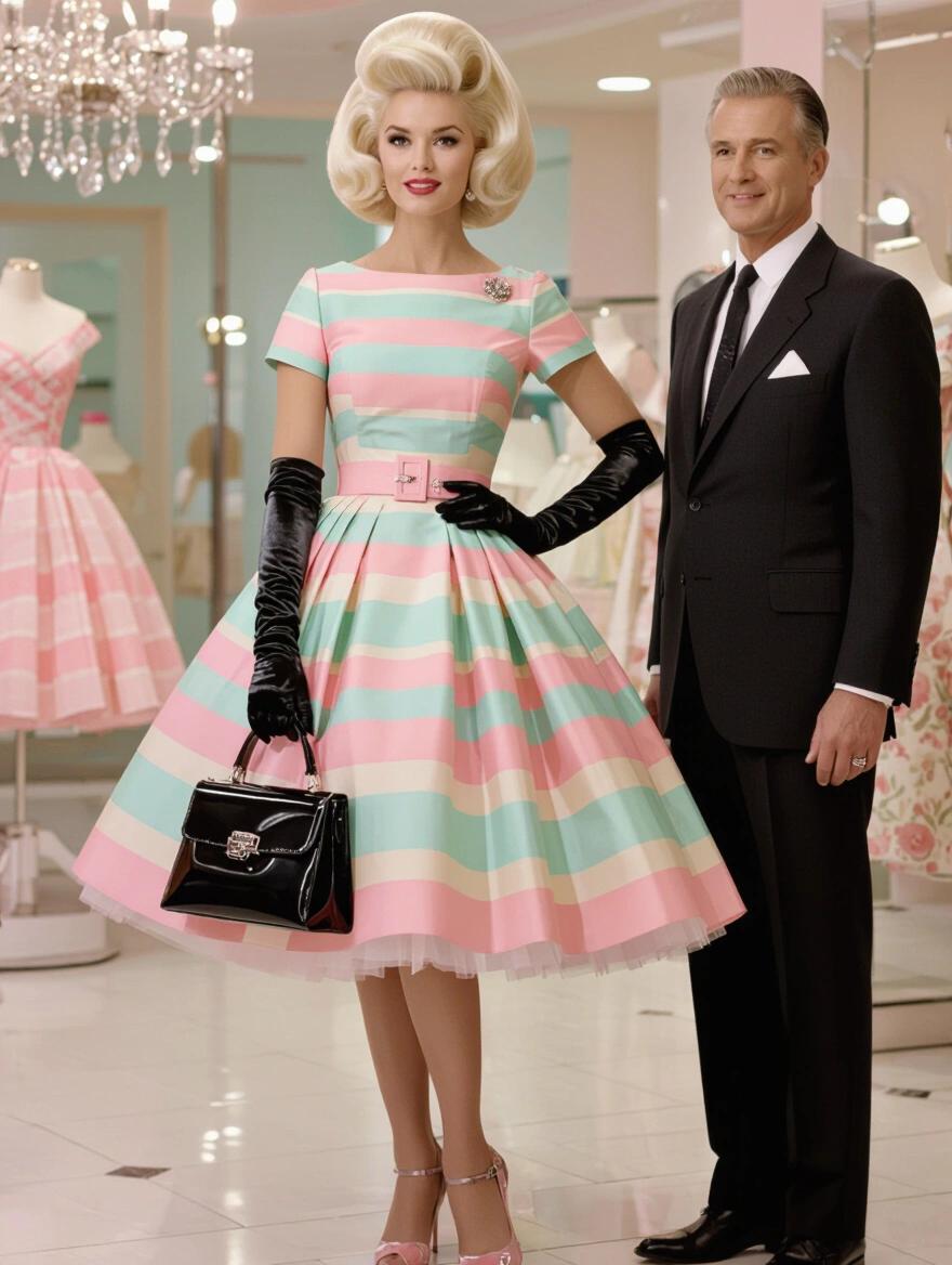 Portrait of a stylish woman in a pastel striped dress with petticoats and black accessories, she has platinum blonde beehive hair, an older man in a suit stands beside her, they are in a boutique with elegant decor, showcasing dresses
