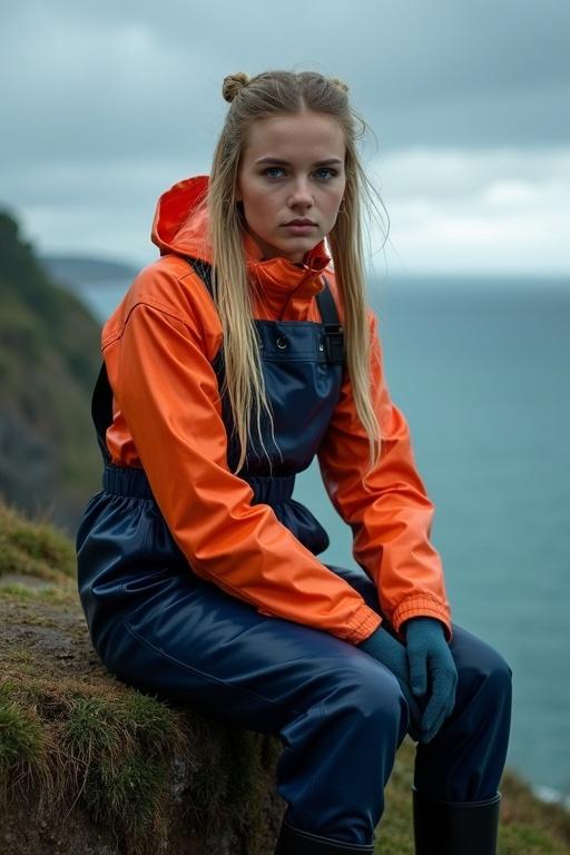 Attractive young woman with long blonde hair in pigtails. Wears orange mackintosh and navy blue dungarees. Sitting on a cliff, looking at the sea. Torrential rain and storm clouds visible.