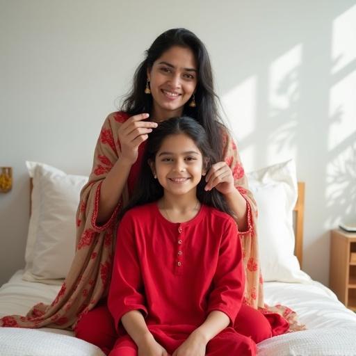 A young Indian mother in a red traditional kurti with a beige dupatta sits behind her daughter. The daughter wears a modern sleeveless red kurti. The mother combs her daughter's hair with a wooden comb. The setting is a clean, sunlit white bedroom with minimal decor. The atmosphere feels grown-up and graceful, filled with pride. Bright white tones dominate with subtle red accents in the decor.