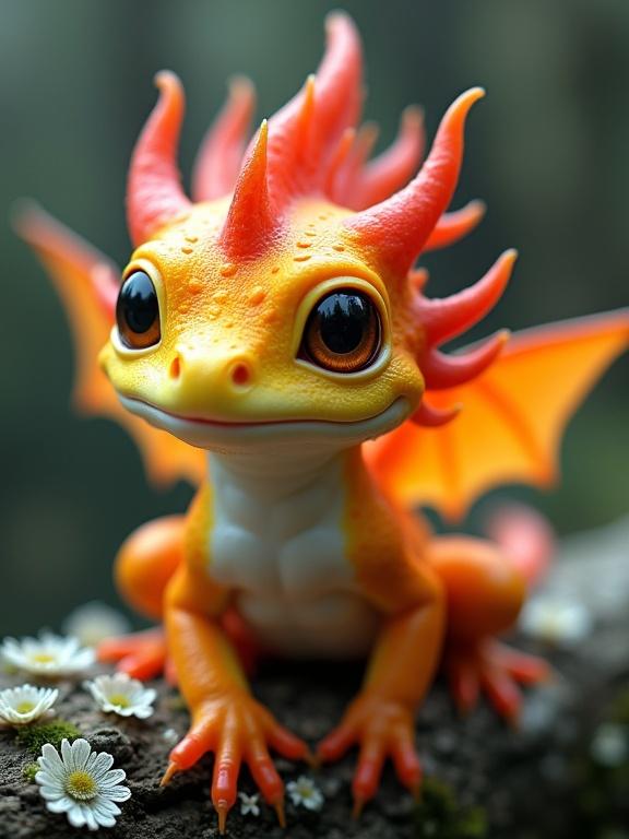 A fantasy-style creature sits on lichen-covered bark The creature has features resembling amphibians and reptiles It has bright colors with a soft body and dramatic head crests Surrounding are flowers and a blurred forest background