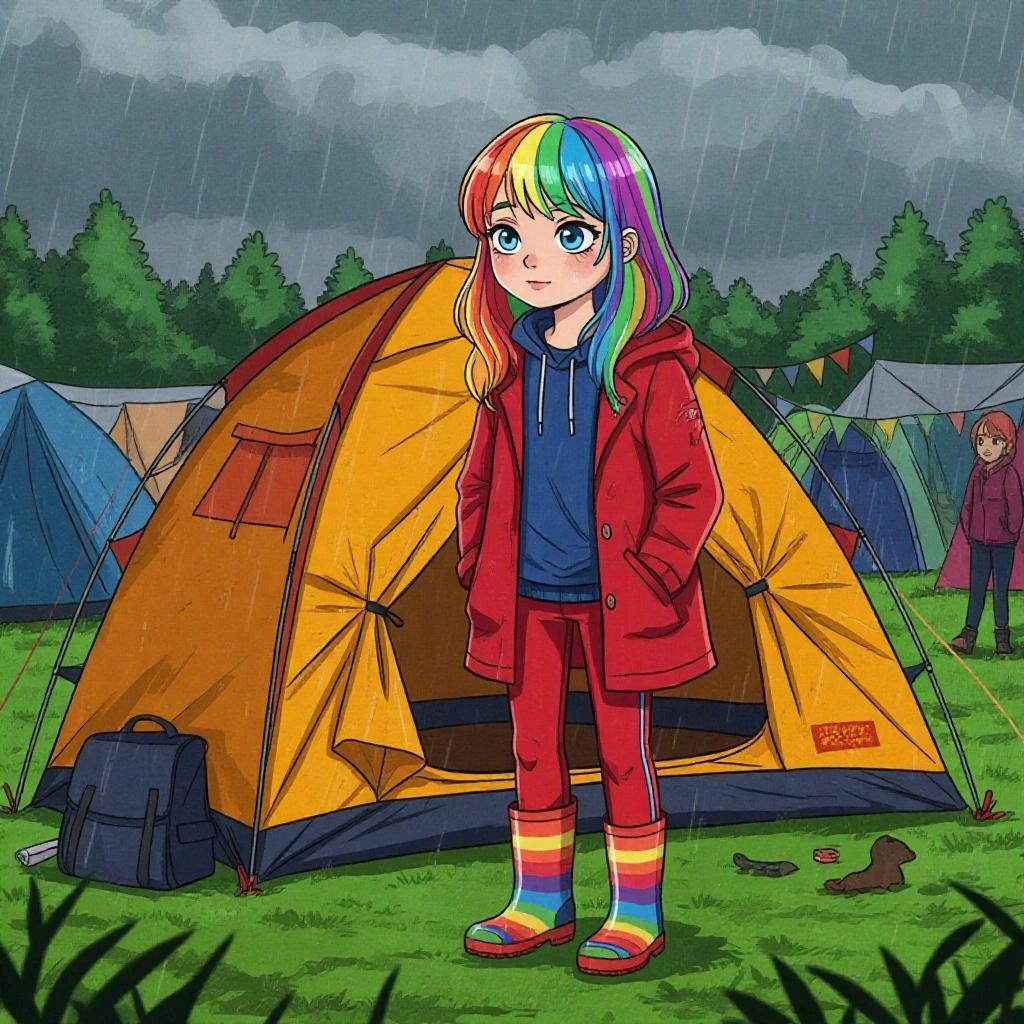 A cartoon girl with rainbow-striped hair stands outside a yellow tent at a music festival. The weather is dull and wet. She is wearing a red raincoat, blue tracksuit top, red tracksuit pants, and rainbow-striped wellington boots.