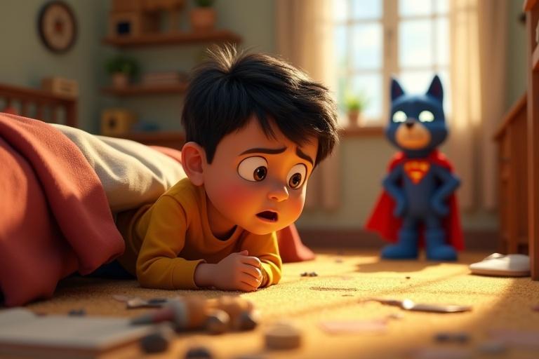 A 3D animated scene featuring a 5-year-old boy searching under his bed. The boy appears shocked and sad. A superhero character watches from the side. The room is bright with cheerful daytime colors. The bedroom shows playful messiness filled with toys and personal items.