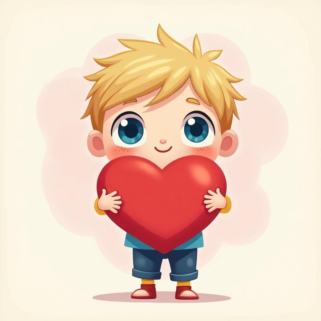 Chibi child with blue eyes holds a large red heart. The artwork is colorful and cheerful. The child has blonde hair and wears casual clothing. Soft background enhances the joyful mood.