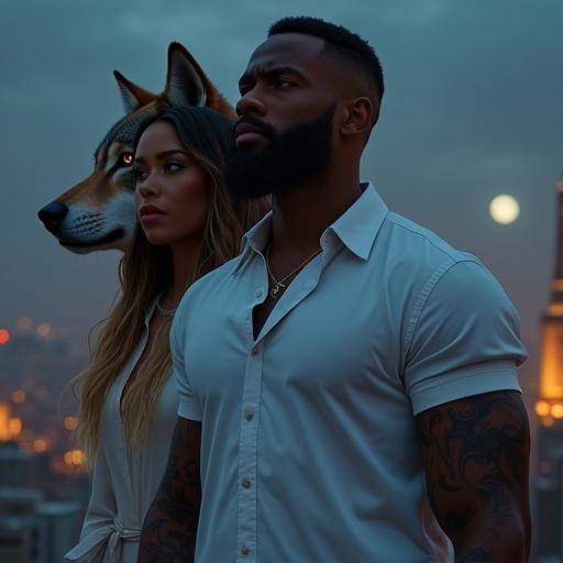 Dark cinematic portrait featuring a powerful biracial man with muscular build. He has a low-cut beard and full sleeve tattoo. He wears a white button-up shirt. A beautiful biracial woman with long wavy ombred hair stands behind him. In the background, a large calico colored wolf with glowing gold eyes stares forward. The setting is a city at night with moonlight. The mood is intense and dramatic, with moody lighting. Fantasy or shifter romance aesthetic, intricate detail, deep color painting