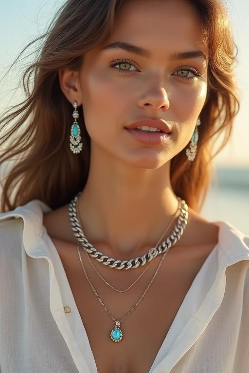 Close-up and mid-shot images of a female model wearing elegant aquamarine jewelry. Jewelry includes layered necklaces and charm earrings featuring ocean-blue gemstones. Jewelry is highlighted with sharp, well-lit, and sparkling details. Model has soft beachy waves and minimal makeup to complement the jewelry. Outfit is neutral to enhance contrast. Background has blurred pastel tones, captured in golden hour light. Composition is styled for a luxury summer jewelry advertisement.