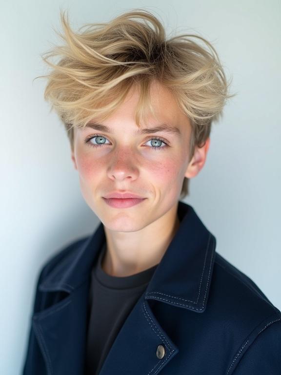 A young boy with styled blond hair in a messy look. The boy wears a dark jacket against a white background. His sharp facial features are highlighted. He has blue eyes and a subtle smile.