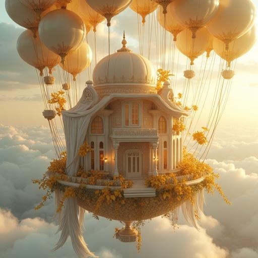 Floating house connected to many balloons. Exquisitely detailed construction with intricate carvings. Scene captured in digital illustration. Combines photographic realism with concept art artistry. Colors are vivid and warm with gold and ivory. Soft yet dramatic lighting. Excellent image quality with ultra-detailed elements. Mystical woman with long white hair and golden flowers, surrounded by magical light.