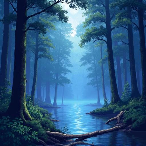 Pixel art depicting a crystal forest with trees surrounding a serene river. Mist shrouds the background, creating a magical atmosphere.