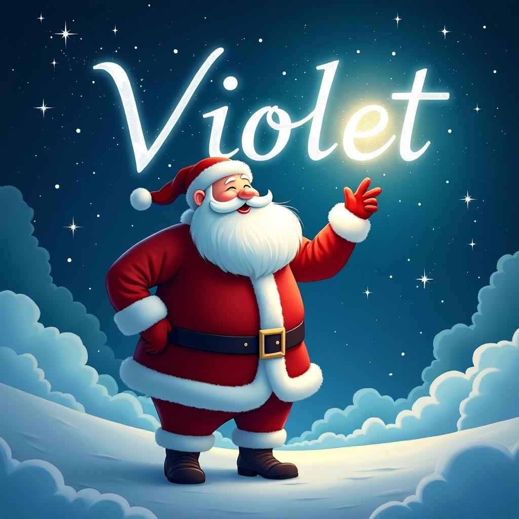 Santa Claus in a red suit with white fur. Background has a starry night sky with clouds. Santa points at the sky where the word 'Violet' is written. Bright, festive atmosphere.