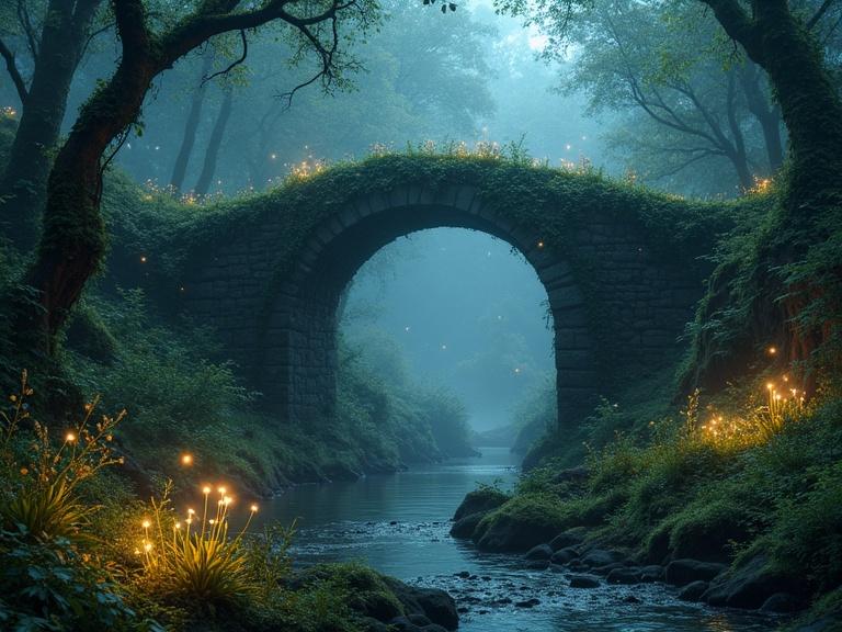 An enchanted forest with glowing bioluminescent plants and floating fireflies. An ancient stone bridge covered in vines creates a mystical and dreamy atmosphere.