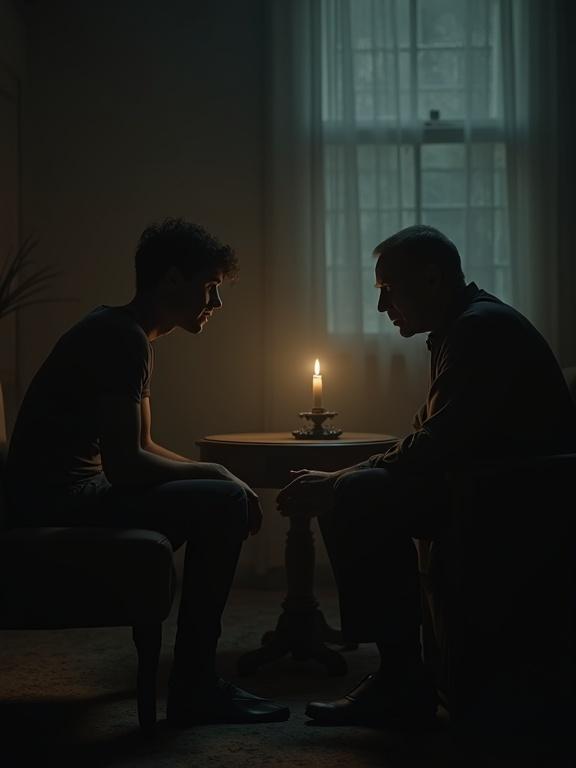 Wide shot of a gloomy parlor with a single flickering candle on a table. A young man sits in an armchair, slumped and gazing into shadows. An older man, dignified yet grief-stricken, sits across, hand extended as if to provide comfort. The space between them is filled with tragedy and unspoken regret.