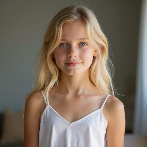 A 12 year old girl with blonde hair wearing a loose tank top. The background is blurred and soft. She is smiling gently. Natural light illuminates her face.
