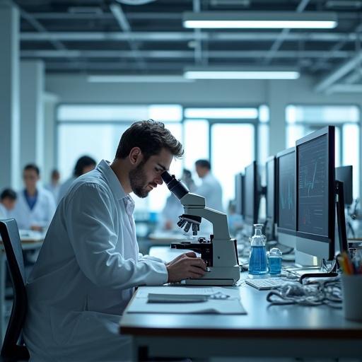 Hyperrealistic scientist in lab coat peering through microscope surrounded by researchers analyzing data on computer workstations centrifuges pipettes test tubes in a well-lit laboratory filled with natural light and artificial overhead lighting amidst a bustling office space with employees collaborating meeting walking