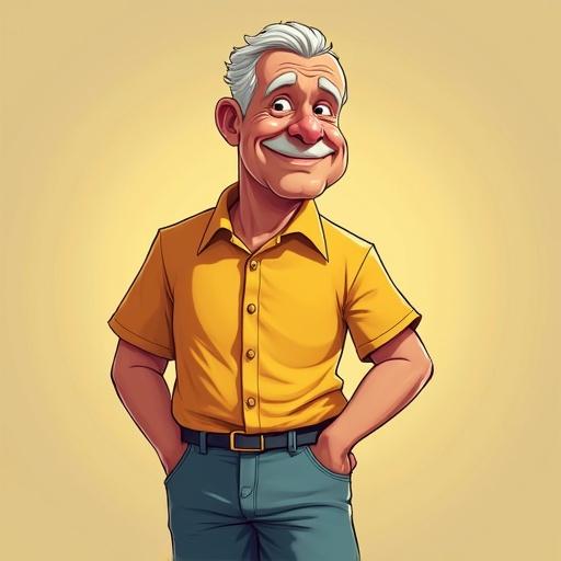 An elderly man smiling in a 9:16 format in a cartoon style with arms raised as if having an idea. He is dressed in a casual shirt and pants.