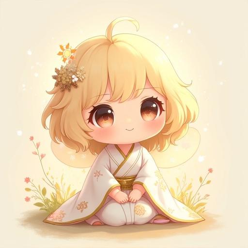 Chibi-style portrait of Shion, tiny fairy-like character. She has fluffy golden hair, gentle eyes, and serene smile. Dressed in simplified fantasy kimono with sakura motifs. Small wings and glowing sun ornament add charm. Soft background with flowers and light particles.