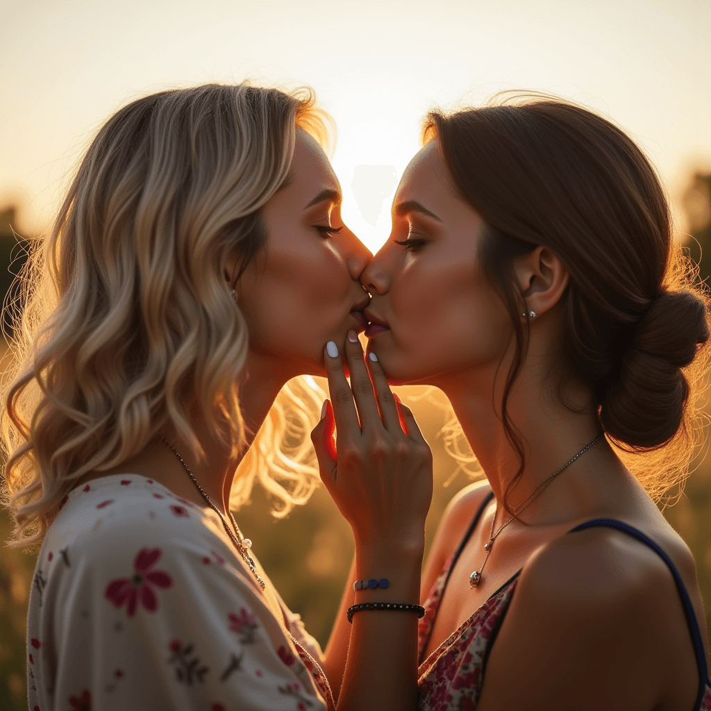 Two women share a gentle kiss in the warm light of the setting sun.