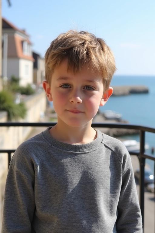 A young boy stands on a balcony overlooking a serene harbor. He wears a grey sweatshirt and has short light brown hair. The background features calm blue waters and a sunny sky. The scene conveys peace and tranquility.