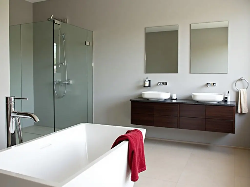 This image showcases a modern bathroom design. The bathroom features a sleek, freestanding white bathtub with a shiny chrome faucet on the edge. A plush red towel is neatly draped over the tub, adding a pop of color to the serene space. On the adjacent wall, there are two stylish wash basins mounted above a dark wood vanity. Above the basins, two large mirrors reflect the contemporary fixtures and minimalistic decor. A glass shower enclosure is located next to the bath, enhancing the open feel of the room. The color palette is neutral with soft gray walls and light beige flooring, creating a calming atmosphere.