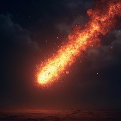 A small burning meteor streaking through a dark night sky glowing brightly as it descends toward the ground. Surrounded by flames trails of orange red and yellow light. Heat distortions and glowing embers follow its path. Dramatic night sky filled with stars faintly illuminated by light. The meteor appears fast leaving a glowing trail. Ground barely visible lit subtly by the fireball. Dynamic cinematic speed heat impact. High-detail fantasy art.