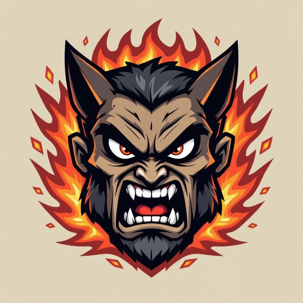 Striking rage icon features a stylized angry face with furrowed brows and clenched teeth Flames and explosive bursts surround it Sharp angular lines and jagged edges dominate the design Glowing red and orange hues with dark shadows create contrast Modern vector art style showcases clean yet aggressive geometry Intense emotional expression emerges from minimal shapes Suitable for logo or digital sticker design