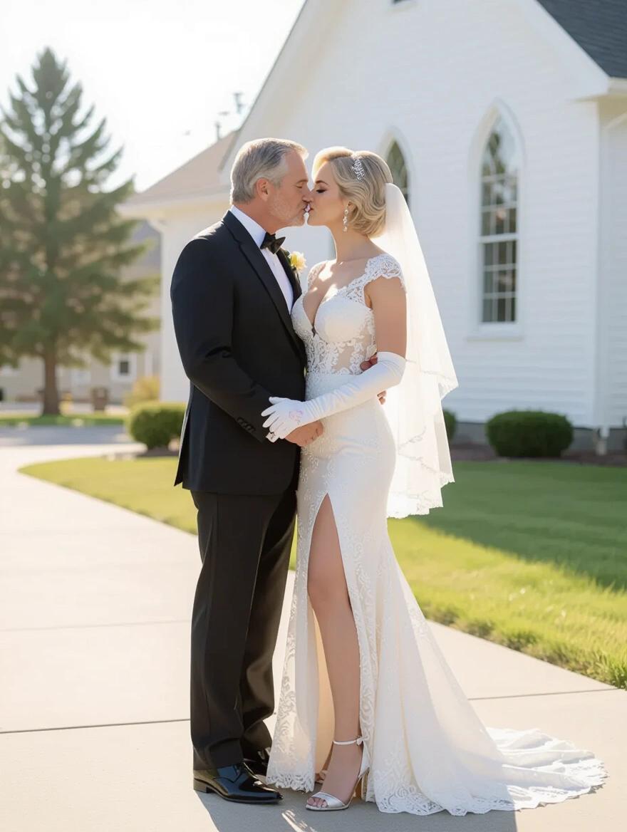 Side view of a couple kissing outside a small town church. The woman wears a lace wedding dress and high heels. She has voluminous platinum blonde hair, flawless makeup, and elegant accessories. The man wears a suit. Soft lighting and romantic atmosphere