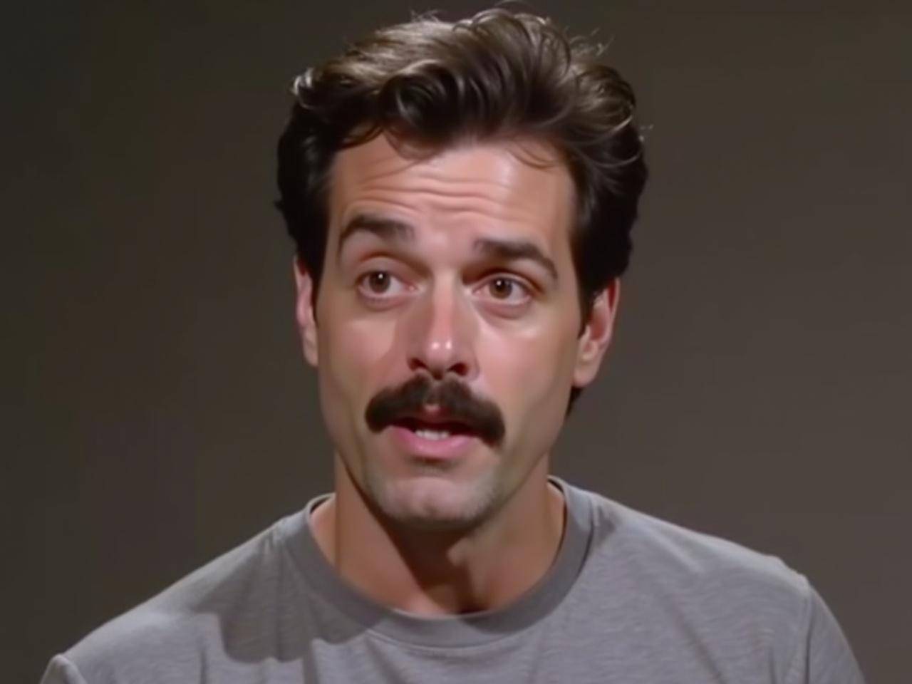 The image shows a man speaking directly to the camera. He has a prominent mustache and dark hair. He is wearing a gray t-shirt. The background is mostly plain, making the subject stand out. His expression seems earnest and engaged, as if he is discussing an important topic.