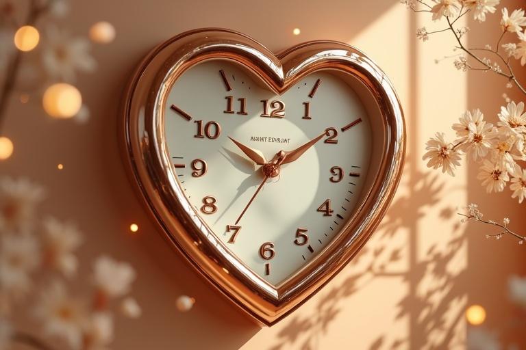 Heart-shaped clock with mirror work. Clock has rose gold accents. Background features marigold and ivory wedding decor. The style is photorealistic with warm lighting.