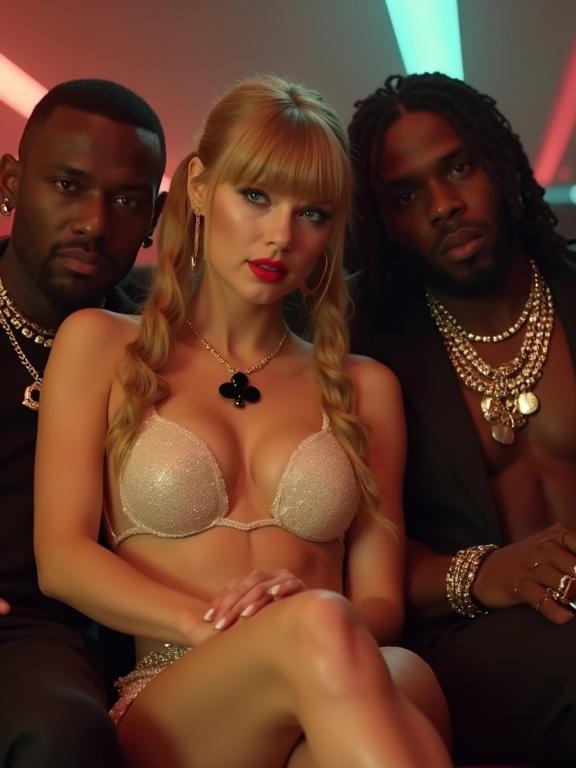 A nightclub scene featuring a couple. A woman with blonde bangs styled in long twintails. The woman wears a small white bikini top and gold miniskirt. She has a black spade pendant. Two black men sit beside her, one with notable rapper features. Dim lighting and colorful highlights create an engaging atmosphere. The woman looks intoxicated and relaxed, seated between the two men. Full body shot captures the essence of nightlife.