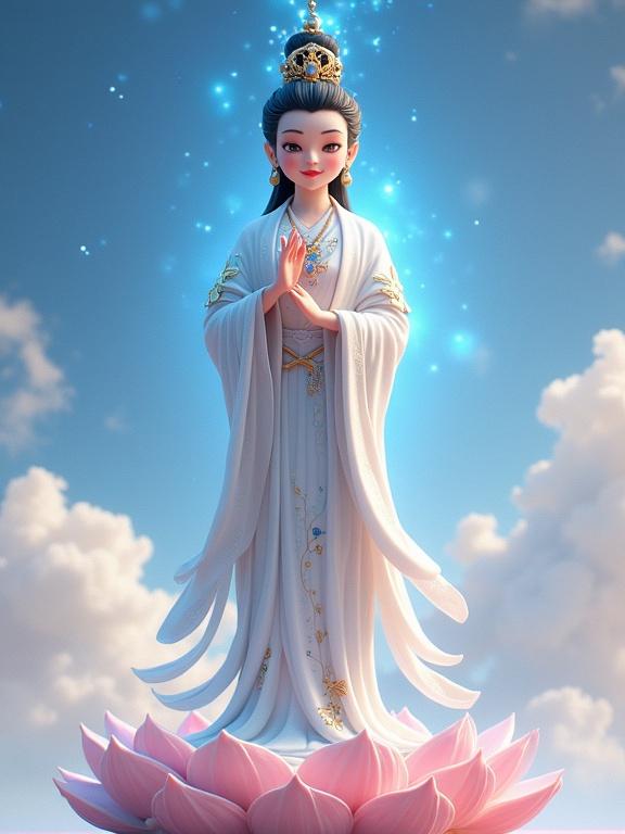 3D animated portrayal of Guanyin as a youthful Bodhisattva. Cascading white robes shimmer like stars. Large sapphire eyes express divine grace. Standing on a lotus throne in a Zen void, holding a vase with lapis lazuli beads. Robes have golden embroidery. Serene smile reflects joy. Hands in lotus mudra. Background features stylized clouds, prayer flags, and starlit atmosphere. Animation combines Disney-Pixar appeal and soft textures.