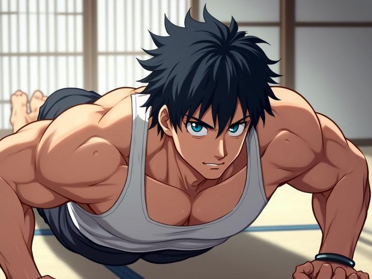 A muscular male Josei character with black hair and blue eyes performs push ups. Character has defined muscles and is focused during exercise. Bright indoor setting enhances the scene.