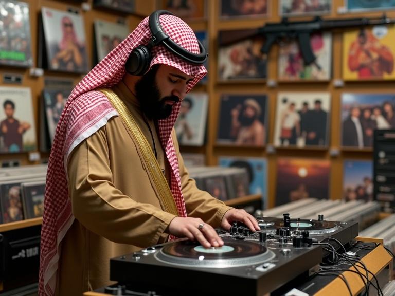 Saudi Arabian DJ mixing vinyl records in a record store. Professional headphones worn. AK-47 on wall behind. Surrounded by vinyl records. Enjoying the music in a warm atmosphere.