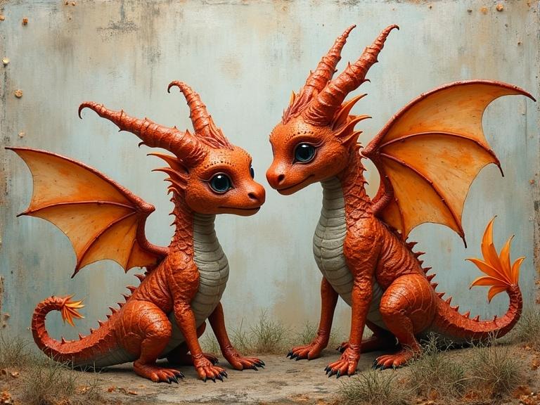 Two baby dragon creatures facing each other. They have bright orange scales and large wings. Mixed media textures include newspaper and wood. Background is a softly textured blue. Emphasizing depth and vivid colors. Stunning and magical appearance.