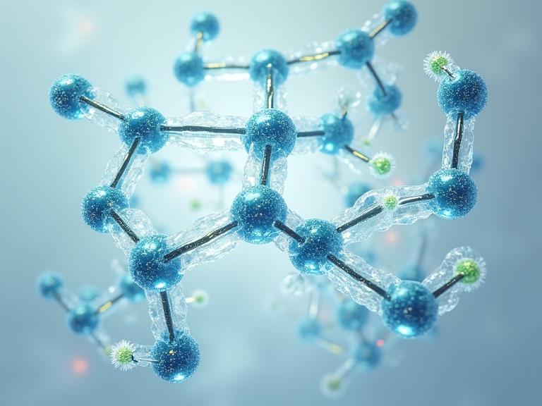 Scientific illustration of quinoxaline central structure. Cyanide functional groups dynamically attach to quinoxaline ring. One quinoxaline derivative highlighted for n-type semiconductors. Surrounding elements show self-assembly, high conductivity, record thermoelectric performance. Clean, modern style with blue and green color accents. Light background with scientific tone.