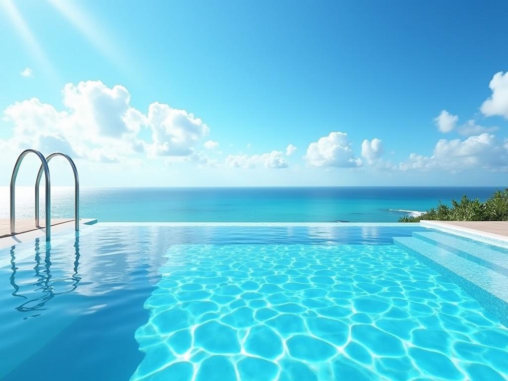 A luxury home swimming pool is positioned near the sea. The pool is crystal clear, reflecting the beautiful blue sky above. Sunlight glistens on the water surface, creating a dreamy atmosphere. There are sleek metal railings for easy access. In the background, the serene ocean stretches out, seamlessly merging with the horizon. Fluffy white clouds are scattered across the sky, adding to the picturesque scene. The overall setting evokes a sense of tranquility and upscale living.