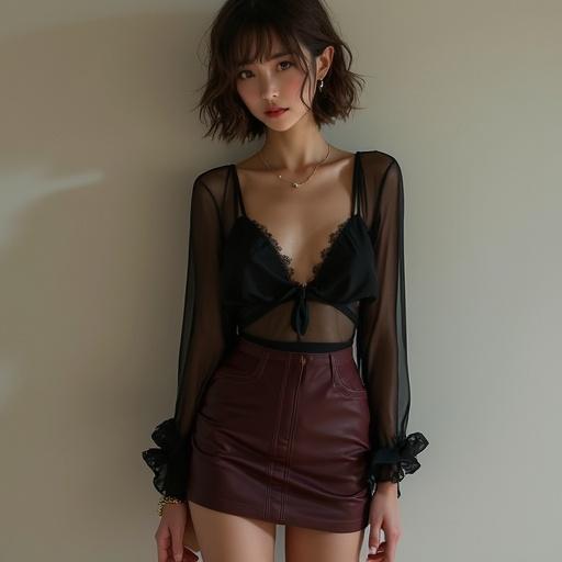 Showcase a high-class Japanese woman in a fashionable outfit. Model wears a sheer black blouse with visible lace bra straps and a high-waisted mini skirt in burgundy. Complete look with thigh-high stockings and chunky heeled ankle boots. Minimal accessories and soft natural lighting highlight her elegant appearance.