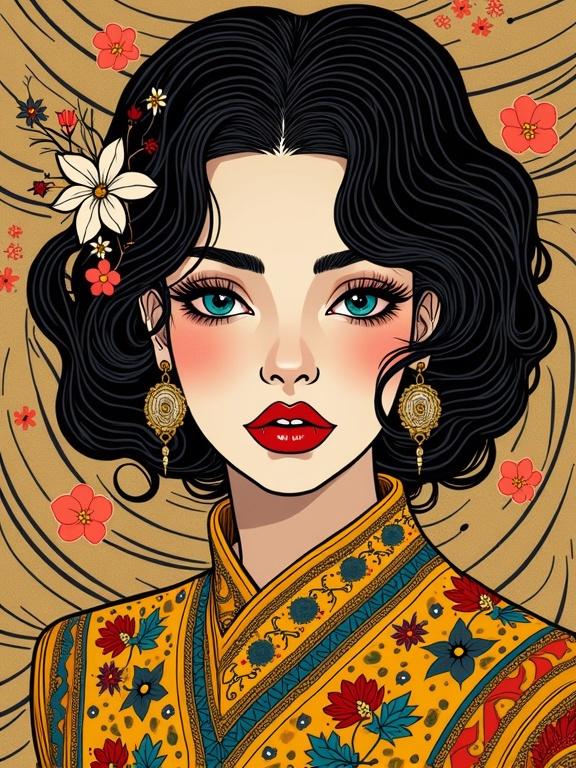 Intricate digital artwork featuring a woman with stylized features. Blend of haberdasherypunk, lineartpunk, and Bollywoodpunk aesthetics. Richly detailed with vibrant colors and floral elements.