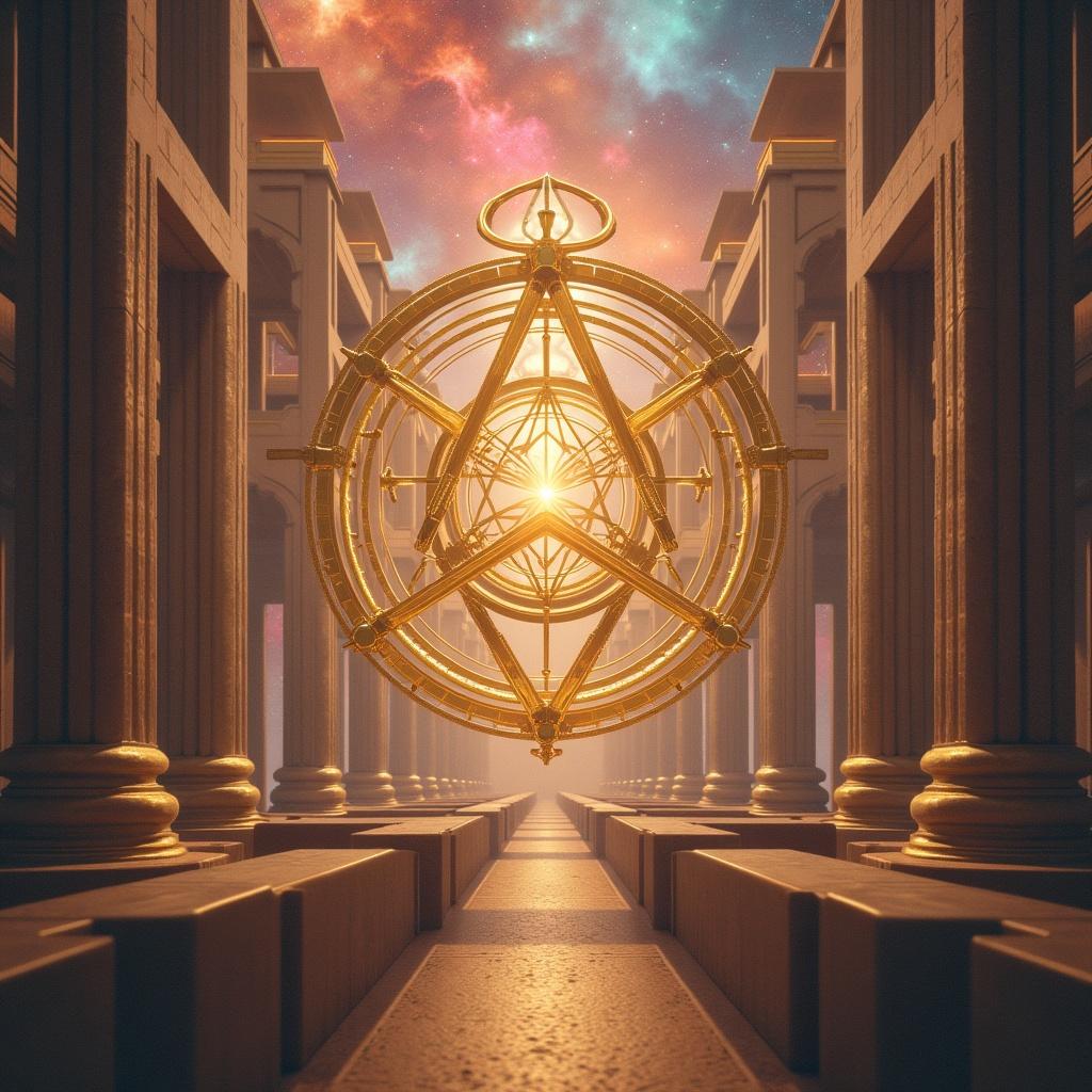 This image showcases an interdimensional instrument called the Astroludus, designed to aid in achieving peace of mind. The central feature is a glowing, golden astrolabe that appears to float against a vivid nebula backdrop. Ethereal shades of pink, orange, yellow, red, and blue highlight the cosmic scene. The surrounding architecture forms a labyrinth that gives a sense of distortion in time and space. Overall, the artwork combines elements of fantasy and science fiction, creating an atmosphere filled with awe and contemplation about spiritual growth and the unknown.