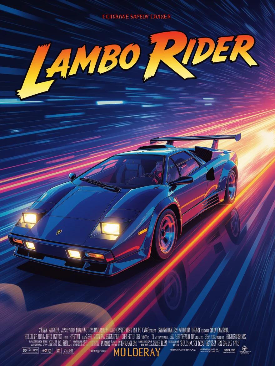 Illustration of a vintage car in a high-speed chase. The sleek design of a Lamborghini Veneno is prominent. Neon colors create a sense of speed. The background features vibrant light trails suggestive of motion.