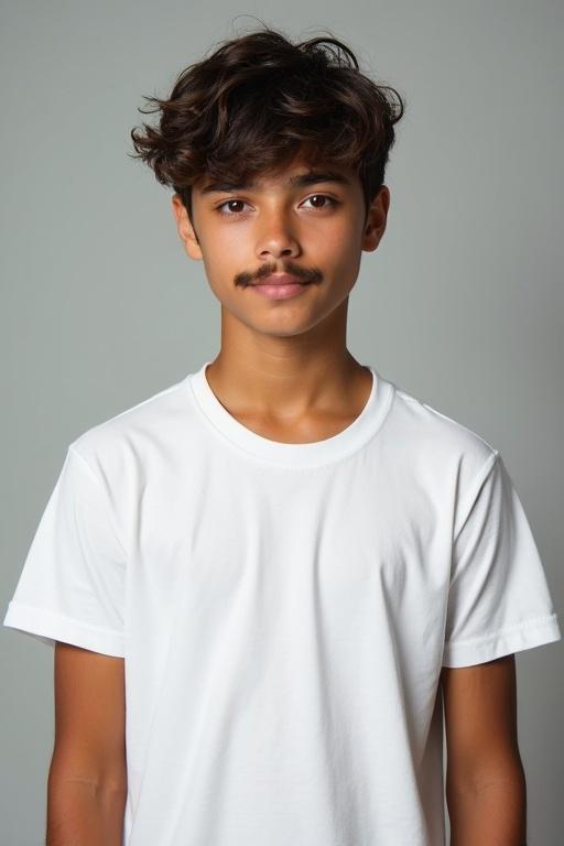 15 year old young man with thick dark brown hair styled short and messy. Light mustache on medium brown skin. Well-defined facial features included. Dark brown eyes and straight nose. Defined jawline with full lips in a white baggy T-shirt.