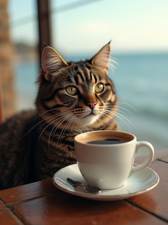 Cat sitting next to a cup of coffee on a table by the sea. Cat has a relaxed expression. Background shows ocean and coastline. Natural light illuminates the scene.