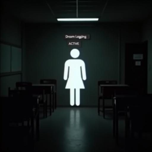 Analog horror symbol features a white interior bedroom symbol against a black background. Security footage reveals a minimalistic school classroom. A human figure is highlighted with the text 'Dream Logging: ACTIVE' above. The design conveys an eerie, unsettling atmosphere.