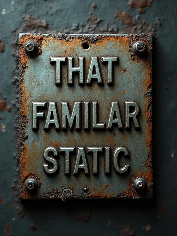 Metal nameplate with bold embossed text centered on industrial backdrop. Text partially corroded and worn. Subtle rust details with acid etching. Features moody lighting.