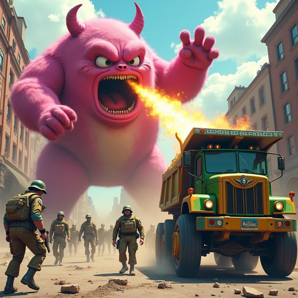 Soldiers confront giant monster in city street. Dust and debris surround them. Dramatic and intense atmosphere. Pink monster breathes fire at green dump truck. Monster has expressive face and arms raised. Truck marked 'Material Masters' contrasts with monster. Setting appears dynamic and adventurous.