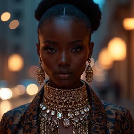 Stunning West African woman with deep melanin skin. Lush full cheeks and bold glamorous makeover. Dramatic expressive eyes with sharp eyeliner. Exquisite Zarconian jewelry with gemstone necklaces and statement earrings. Luxurious tailored outfit blending traditional and modern styles. Softly underexposed cityscape at dusk in the background. Mood is intense and cinematic with high contrast. Intricate jewelry focus and soft shadows with ethereal lighting.