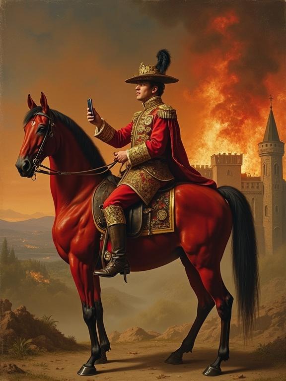 Renaissance-style painting of Emperor Franz Joseph I on a red horse. A large castle burns in the background. He wears an ornate 19th-century uniform. In one hand, he holds a smartphone taking a selfie. The horse appears dignified. The scene is illuminated by firelight with chiaroscuro effects. The style reflects classic da Vinci techniques with a surreal twist.